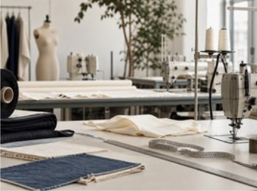 Cutting table with fabric and pattern pieces