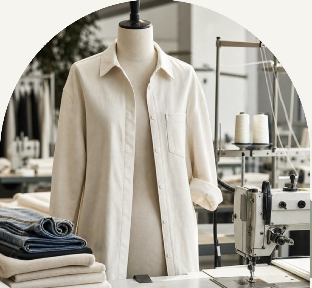 Sample shirt on a form beside a stitching machine